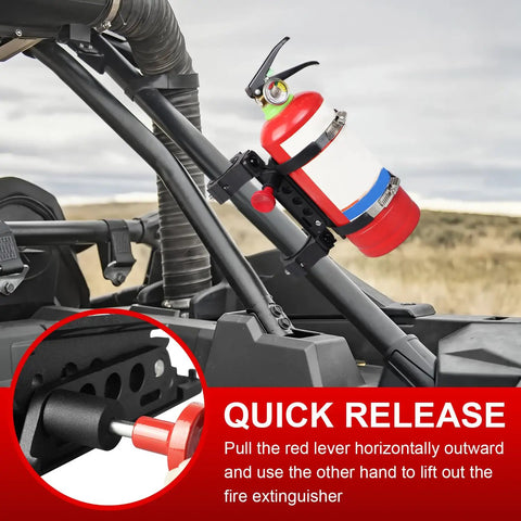 Built Different Quick Swap Roll Bar Fire Extinguisher Mount Bracket Kit for UTV ATV with fire extinguisher shown.