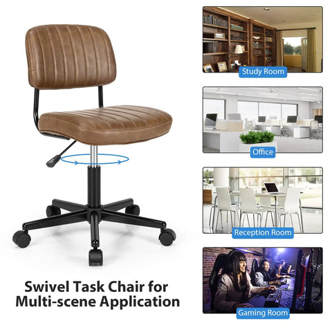 Slick Armless Desk Chair With Easy Glide Wheels, Top Tier PU Leather Task Seat in study room with swivel functionality.