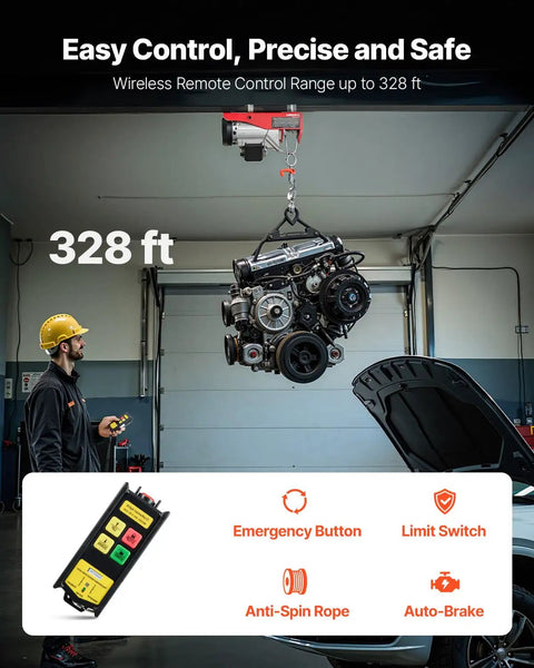 880lbs Electric Hoist With Wireless Remote Control, lifting engine in garage setting, shown with auto-brake and emergency button
