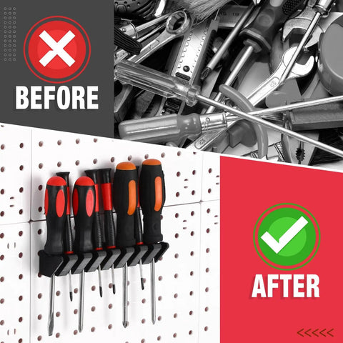Go To Pegboard Screwdriver Holder And Tool Organizer For Garage Shop Walls, showing organized vs. messy screwdriver storage.