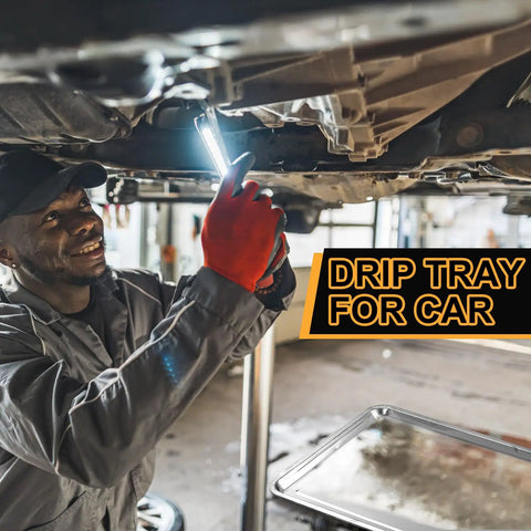 Mechanic working with Two Piece Stainless Steel Oil Drip Pan Set For Cars And Motorcycles beneath vehicle