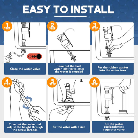 Instructional steps for installing Heavy Duty Eight Count Toilet Fill Valve Replacement Kit Black Adjustable Flushing Tank Refill Stopper Assembly.