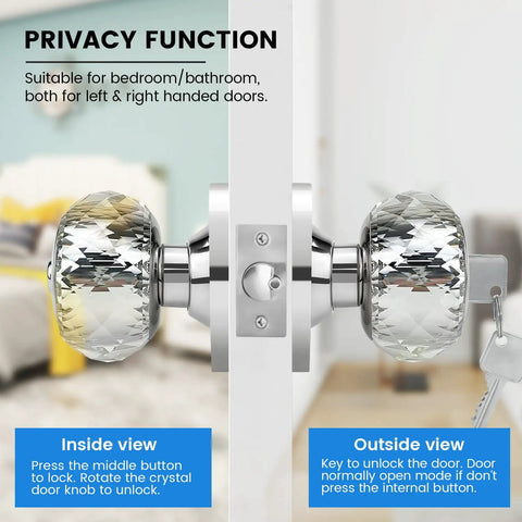 Classic Crystal Door Knobs Three Pack Keyed Alike Privacy Lockset With Lock And Keys for Bedroom and Bathroom Satin Nickel Finish