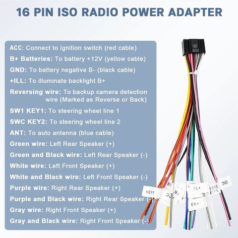 16 pin ISO connector with labeled wires for car stereo wiring harness kit with backup camera adapter and GPS antenna cord.