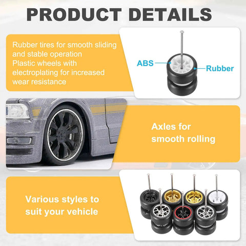 Four Pack 1 By 64 Scale Wheels And Tires Set with various styles and axles for RC diecast cars, showcasing different designs.