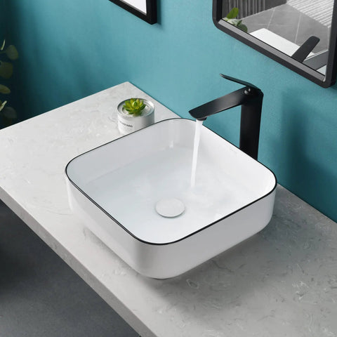 White Square Vessel Sink With Black Trim 15-Inch Above Counter Sink Pop Up Drain Modern European Style Bathroom Vanity Bowl