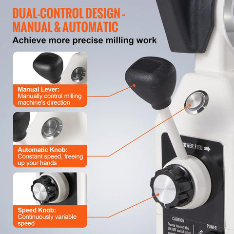 X Axis Power Feed For Milling Machines, dual-control lever and knob, manual and automatic for precise operation