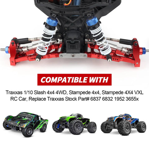 Red aluminum steering blocks and alloy suspension arms set for Traxxas 4x4, suitable replacement for parts 6837, 6832, 1952, 3655x