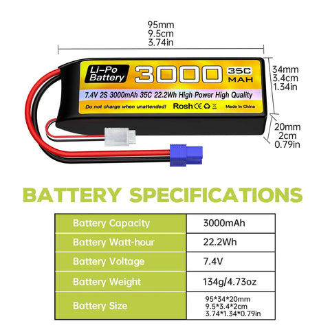 2S 7.4V 3000mAh 35C LiPo Battery With EC3 Plug And USB Charger For RC Cars Trucks Boats Drones FPV Quadcopters And Aircraft Delivers Beefy Power And Long Run Time With Easy Top Up specifications