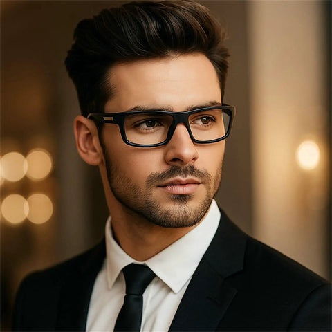 Man wearing Blue Light Blocking Wraparound Reading Glasses For Men, 1.75 Diopter Sport Goggles With UV400 Protection, Eye Strain Relief.
