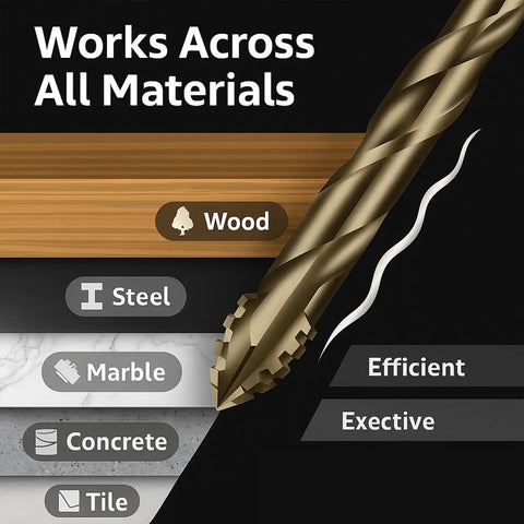 Premium 4‑Flute Sawtooth Eccentric Drill Bits With Titanium Coated Carbide Tips Offering A Radically Easy 2‑in‑1 Drill And Tap Combo Kit For Metal, Wood, Plastic Or Masonry With Multi‑Size Hex Shank Set To Kill It At The Job. drill bit shown for wood, steel, marble, concrete and tile