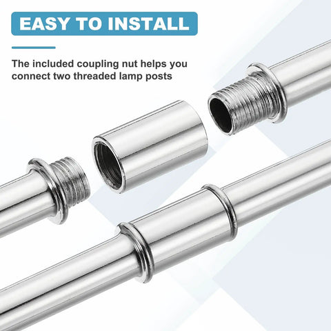Close-up of 2 Piece Chrome Lamp Stem Rod Kit Featuring 120mm Straight Extensions with M10 threads and coupling for easy installation.