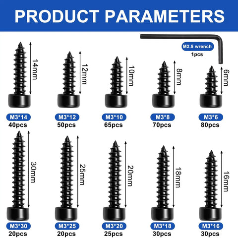 430 Piece No Sweat M3 Hex Socket Self Tapping Screws Assortment Kit In Black Carbon Steel sizes from 6mm to 30mm with wrench.