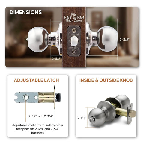 Privacy Interior Door Knob Set With Turn Button Lock No Keys Needed Heavy Duty Satin Stainless Reversible dimensions