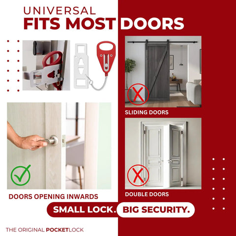 Portable Door Lock And Door Stop Alarm Two Pack Travel Security Bundle For Hotels Dorms And Airbnbs Secure Your Spot Road Ready Gear No Sweat Install And Decibel Alert Built In, showing compatibility with inward opening doors.