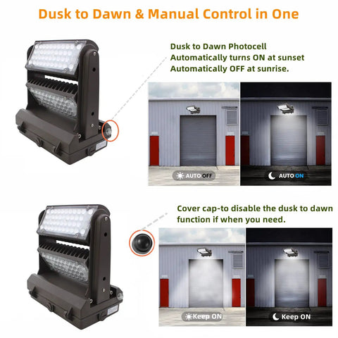Beefed Up 100W Rotatable LED Wall Pack With Dusk To Dawn Sensor, 14000 Lumen Outdoor Security Light showing dusk to dawn control