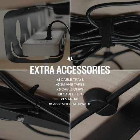 Under Desk Cable Management Tray 2 Pack with accessories including 3M VHB tapes, cable clips, ties, and assembly hardware for MacBook chargers.
