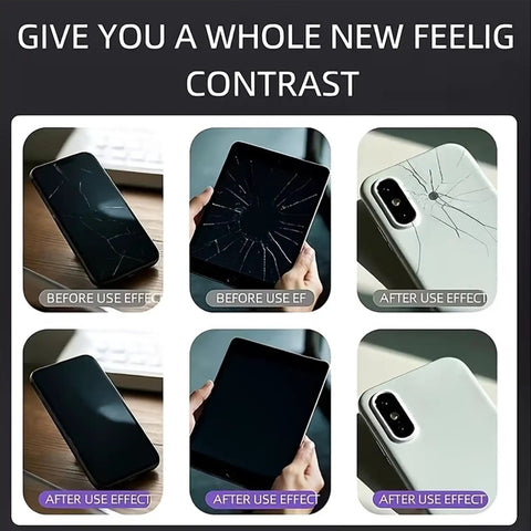 Four Pack Universal Phone Screen Scratch Remover Liquid For Invisible Repair and Sharp Clarity Revival shown on damaged phones and tablets.
