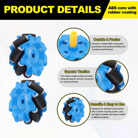 Blue 52mm Mecanum wheels for robotics with hex pins and rubber coating, ideal for smart robot cars and DIY models.