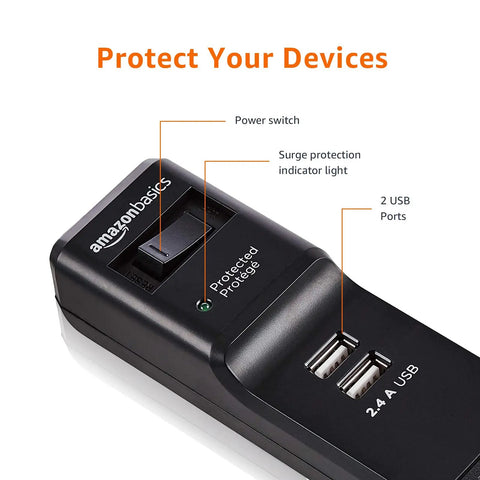 Close-up of Surge Protector Power Strip With 6 Outlets And 2 USB Ports, 1000 Joule Protection, 6 Foot Cord, Black, showing power switch and USB ports