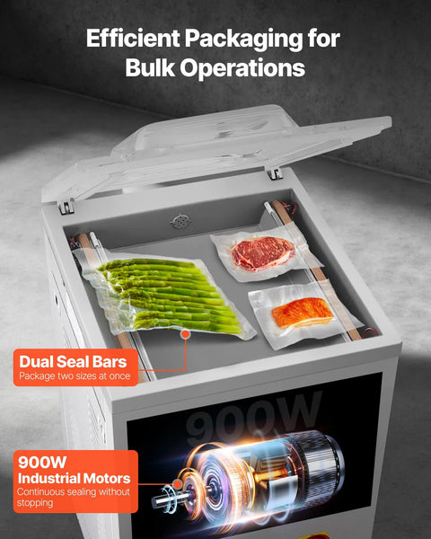 Front view of a gray VEVOR chamber vacuum sealer with lid open; bags contain asparagus, steak, and fish.