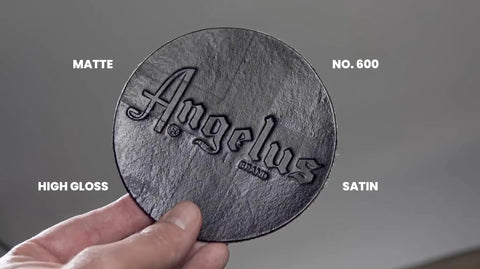 Round leather sample showing matte, high gloss, satin finishes for Matte Acrylic Finisher 4 Fl Oz Flexible Clear Coat No 620