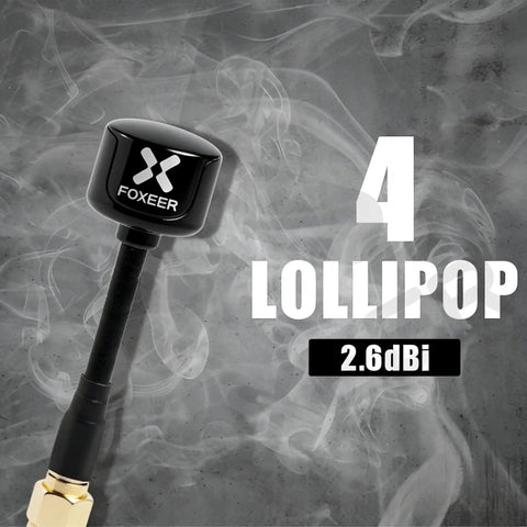Two Pack Lollipop 4 FPV Antennas for 5.8GHz RHCP Updated Version with 2.6 dBi Gain SMA Connectors in smoke backdrop