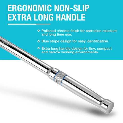 Close-up of Tough As Nails 1/2 Inch Drive Ratchet Wrench With Extra Long Handle And 90 Tooth Design in polished chrome finish.