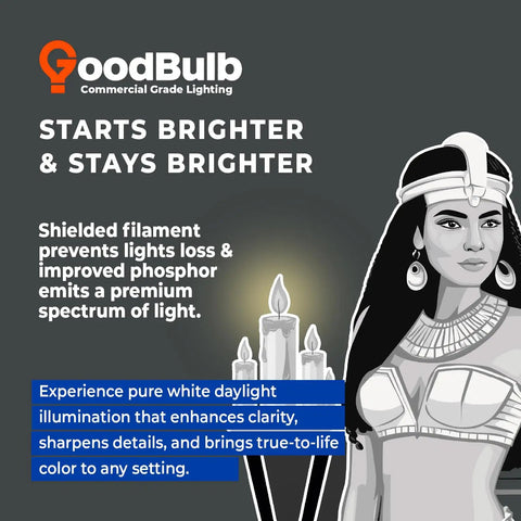 GoodBulb commercial grade lighting graphic with woman, candles, and text describing illumination benefits.