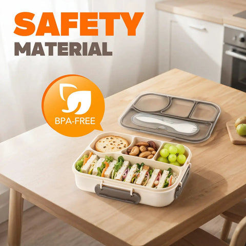 Workhorse Four Compartment Bento Box for Adults, 1000ml Capacity, open on table with food, BPA-free label visible