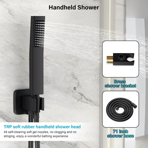Top Shelf Matte Black Rain Shower Set With Heavy Duty Solid Brass Mixing Valve And 10 Inch Round Head For A Snappy Daily Setup In Your Modern Bathroom Space - Handheld shower head with TRP rubber, 71 inch hose.