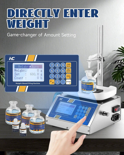 Straight Up Automatic Liquid Filler Machine With Digital Scale And Heavy Duty Peristaltic Pump For Essential Oil Perfume And Spray Bottles, showing digital interface and liquid containers.