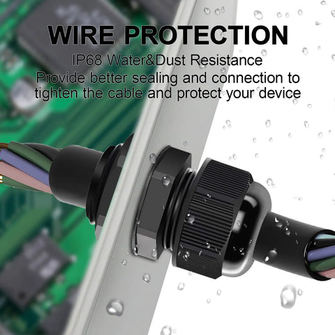 Close-up of PG16 Cable Glands Set, 20 Pack, with wires demonstrating IP68 waterproof sealing on an electrical box panel.