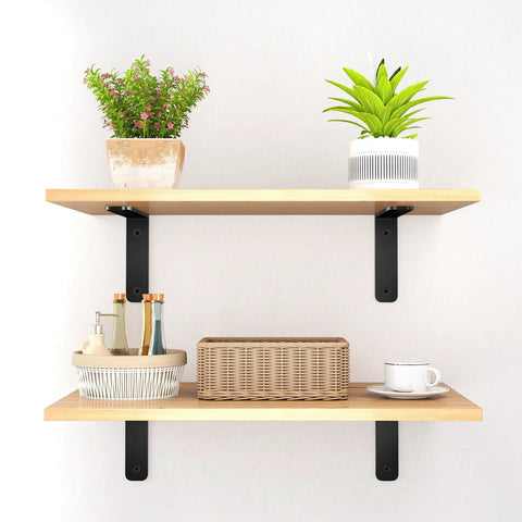 Heavy Duty Stainless Steel L Brackets Five Inch By Three Inch Corner Supports Rust Proof Black Shelf Braces on wooden shelves with plants.