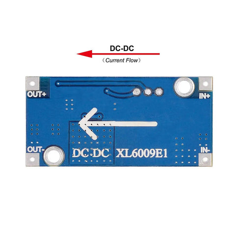 Back view of XL6009 DC-DC Boost Converter Module, showing connection points and voltage direction.