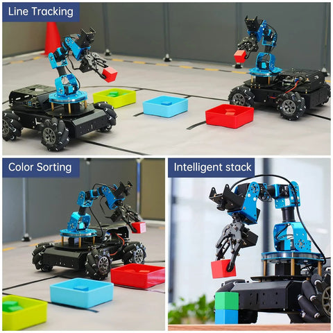 Raspberry Pi 6DOF Robotic Arm Kit performing line tracking color sorting intelligent stacking tasks.