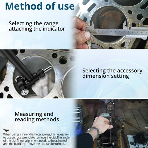 Pro Grade Dial Bore Gauge 2 To 6 Inch Kit With 0.001 Inch Accuracy And 0.25 Inch Dial Indicator method of use infographic