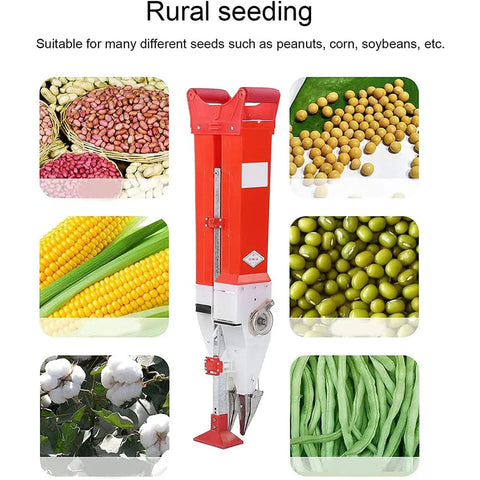 Handheld Seed Planter Transplanter Tool for Gardens, showcasing corn, peanuts and soybeans with spreader
