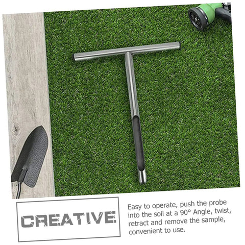 304 Stainless Steel Soil Sampler Tool With T Handle for lawn and garden testing, shown on artificial grass with a shovel nearby.