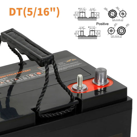 Close-up of Rock Solid Gc2 6V 240Ah Deep Cycle AGM Gel Battery with SAE terminals and handle for golf carts and lifts.