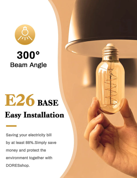 Person holding 4 Pack Vintage Edison LED Bulbs 4W Filament With 60 Watt Equivalent T45 Style Non Dimmable Warm White 2700K E26 Base