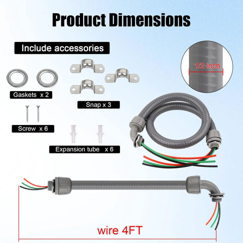 Half Inch Outdoor Power Whip Kit With Four Foot Liquid Tight Nonmetallic Flexible Conduit And Three Conductors Of Ten Gauge THHN Wire components