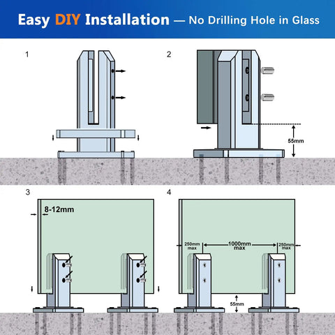 4 Pack SS2205 Marine Grade Stainless Steel Pool Fence Spigots For Glass Railings, installation diagram, easy DIY, no drilling