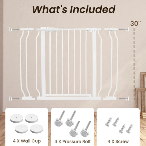 Walk Through Safety Gate For Doorways And Stairs 30 Inch Tall Fits 29.1 To 43.3 Inch Openings Auto Close Hold Open Pressure Mounted No Screws White Includes Wall Cups For Stair Top Install, showing what's included: wall cup, pressure bolt, screws.