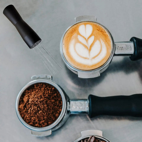 Espresso Distribution Tool Set With Needle Type Distributor 304 Stainless Steel, portafilter with latte art, ground coffee