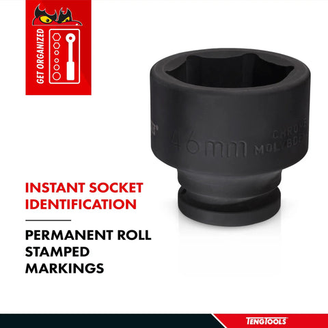 46mm socket with black phosphate finish, chrome molybdenum steel, 6-point high torque. Permanent roll stamped markings visible.