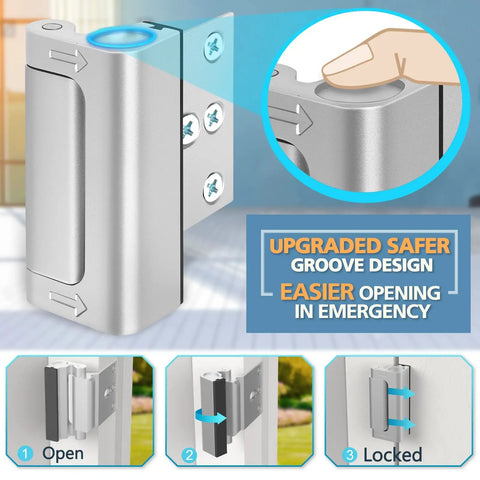 Heavy Duty Door Reinforcement Lock For Ultimate Home Security And Kid Proof Safety Featuring Tough As Nails Aluminum Alloy Construction Kick Resistant Latch Kit 3 Pack For Apartment Living close-up of upgraded groove design for easy emergency access.