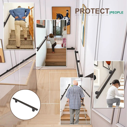 Rock Solid Black Wrought Iron Handrail For Stairs And Hallways With Hidden Mounting Screws Plus Durable Non Slip Grip and children using it.