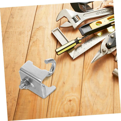 Killer Grip Six Piece Heavy Duty Girder Clamp Hooks For Beam Storage versatile steel hook on wooden surface with tools.