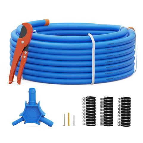 Three Quarter Inch Inner Diameter 100 Feet Compressed Air Tubing Kit With Clips, Fasteners, Bevel Tool And Pipe Cutter, Heavy Duty HDPE Aluminum HDPE Tubing Fittings Not Included, Ideal For Home Garage And Workshop Air Lines.